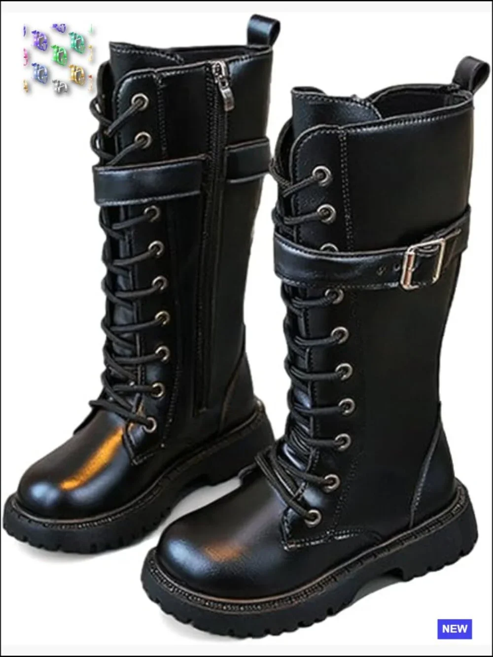 Girls Leather Knee High Boots with Side Zipper Fashion Buckle Straps Comfort